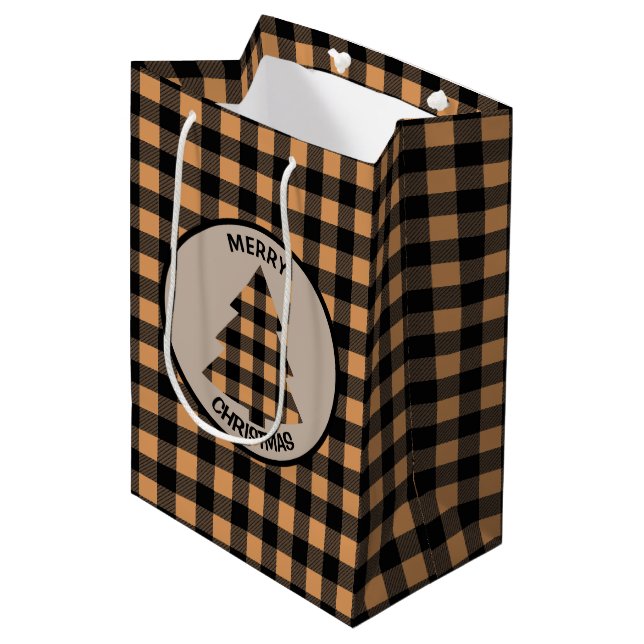 Sac Cadeau Moyen Arbre de Noël Plaid Buffalo Or (Devant Angle)