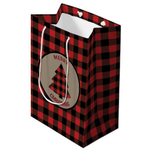 Sac Cadeau Moyen Arbre de Noël Plaid Buffalo Rouge