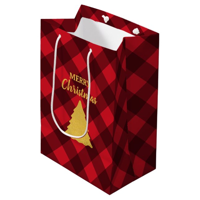 Sac Cadeau Moyen Arbre de Noël Rouge et Noir Buffalo Plaid (Devant Angle)