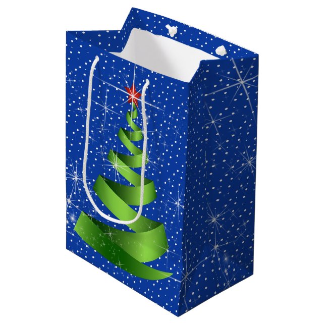 Sac Cadeau Moyen Arbre de Noël vert étincelant (Devant Angle)