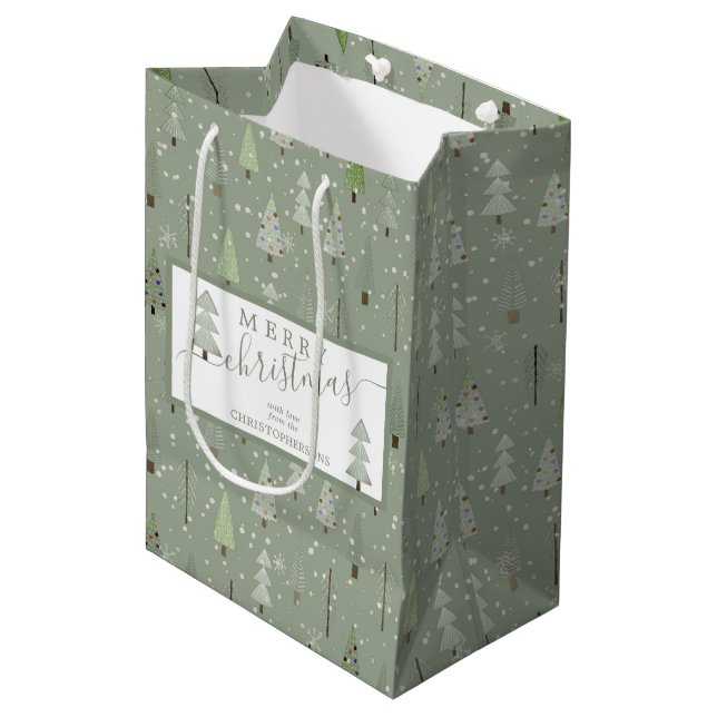 Sac Cadeau Moyen Arbres de Noël modernes MERRY CHRISTMAS Script Sag (Devant Angle)