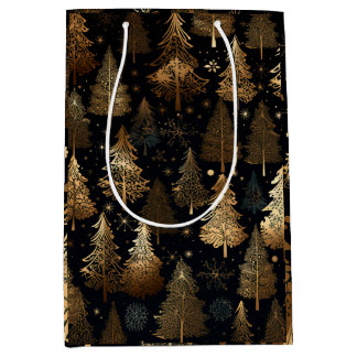 Sac Cadeau Moyen Arbres de Noël noir et or