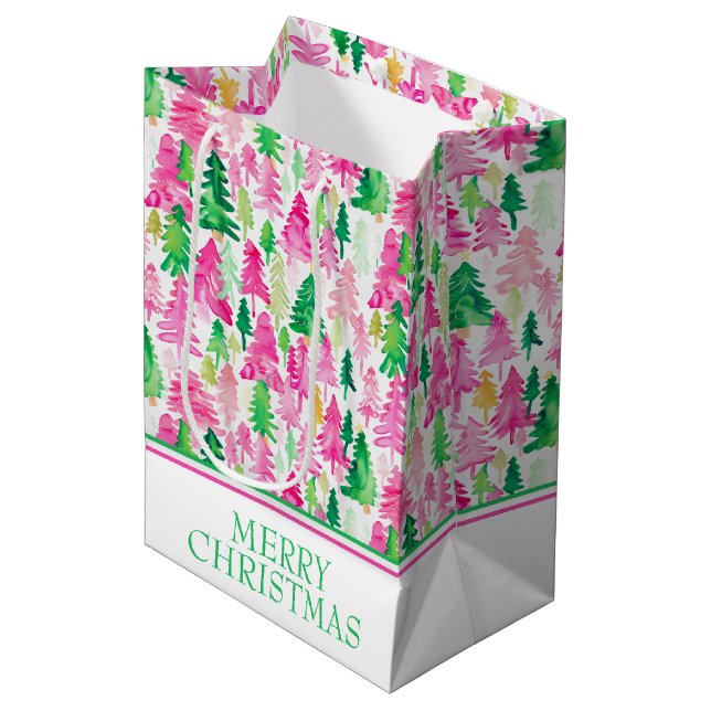 Sac Cadeau Moyen Arbres de Noël roses et verts (Devant Angle)