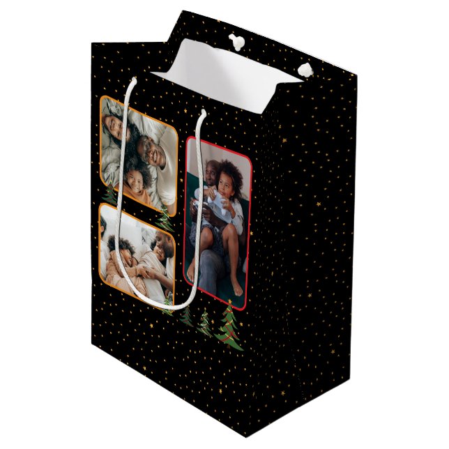 Sac Cadeau Moyen Arbres de Noël sur collage photo noir étoilé (Devant Angle)