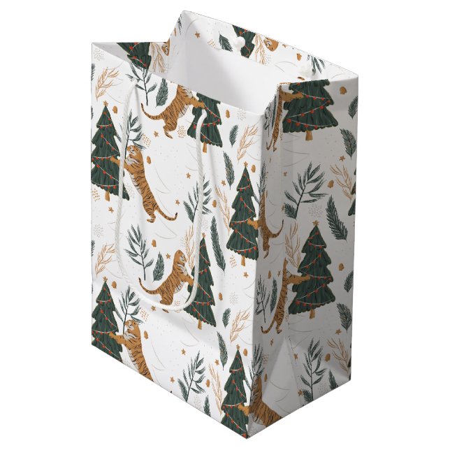 Sac Cadeau Moyen Arbres de Noël & tigres motif coutume arrière-plan (Devant Angle)