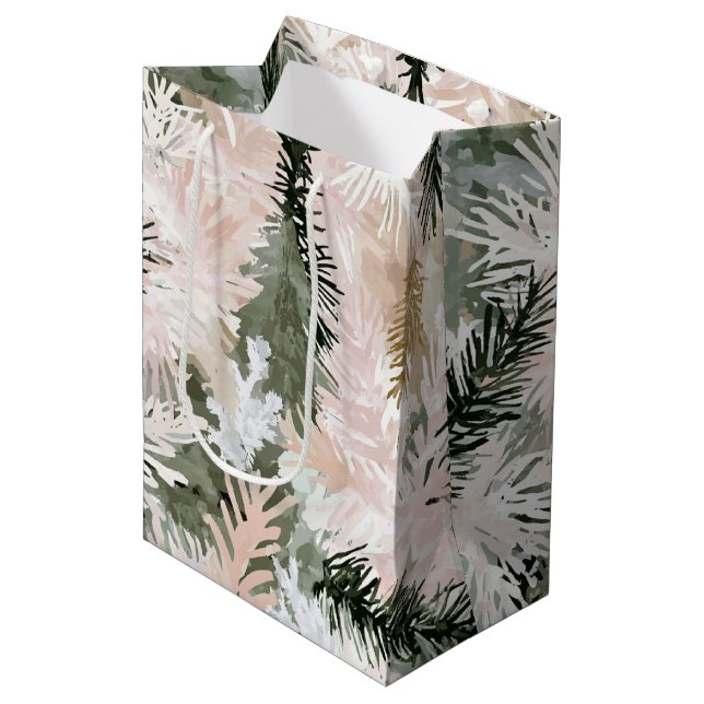 Sac Cadeau Moyen Arbres de Noël vert rose pâle (Devant Angle)