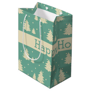 Sac Cadeau Moyen Arbres d'hiver rétro sur Turquoise avec bande de t