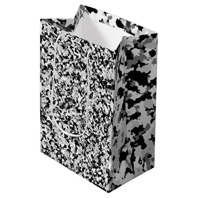 Sac Cadeau Moyen Arctique Blanc Gris Noir Camo Camouflage Fête (Devant Angle)
