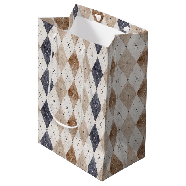 Sac Cadeau Moyen Argyle Bleu Crème Fête des Pères (Devant Angle)
