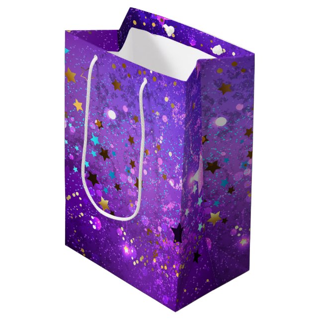 Sac Cadeau Moyen Arrière - plan de feuille violet avec étoiles (Devant Angle)