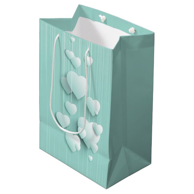 Sac Cadeau Moyen Arrière - plan vert clair avec coeur blanc 3D (Devant Angle)