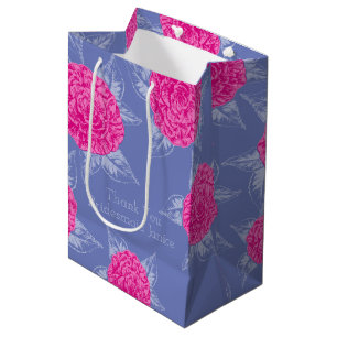 Sac Cadeau Moyen Art de l'encre de Camellia rose chaud rose et bleu