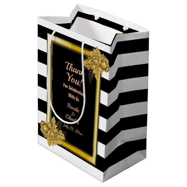 Sac Cadeau Moyen Art Déco, Gold Roses Black Stripes (Dos Angle)