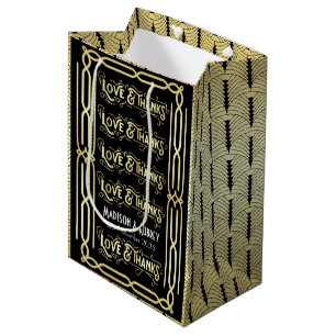 Sac Cadeau Moyen Art Déco Mariage Love & Merci Gold Black Faveur