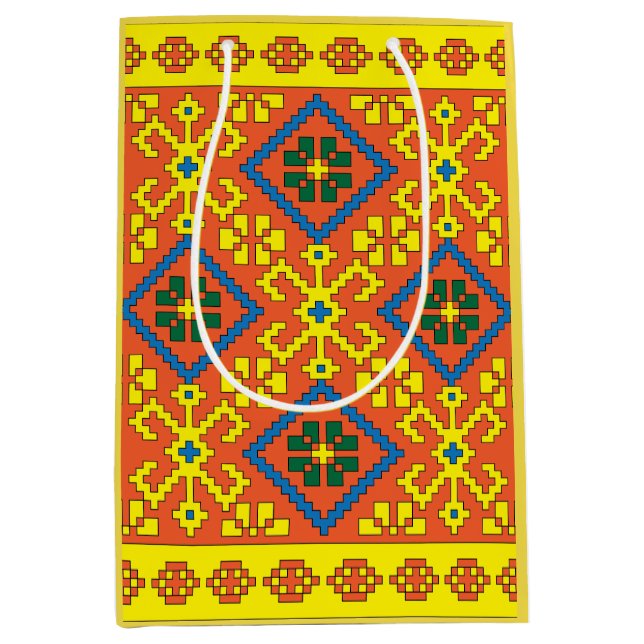 Sac Cadeau Moyen Art folklorique letton orange d'Alsunga (Devant)