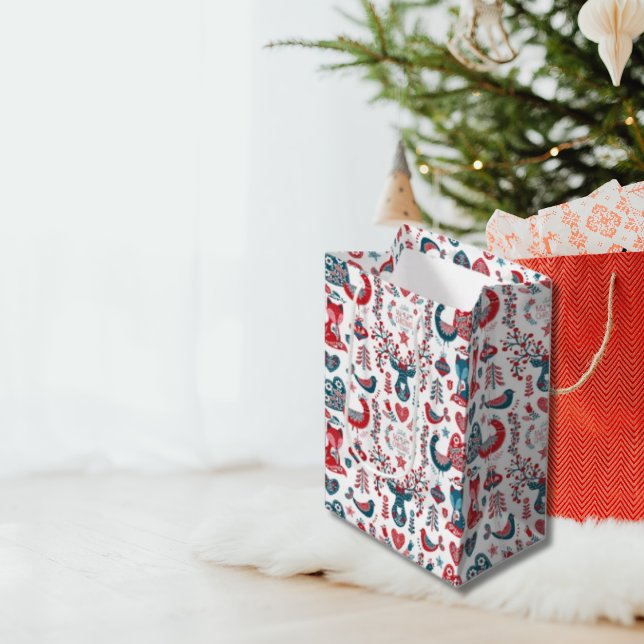 Sac Cadeau Moyen Art populaire scandinave de Noël de la Marine roug (Créateur téléchargé)