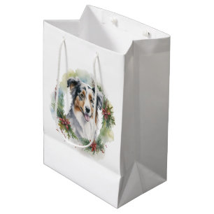 Sac Cadeau Moyen Australian Shepherd Christmas Wreath Festive Pup