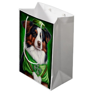 Sac Cadeau Moyen Australian Shepherd dog en tenue de St. Patrick's 