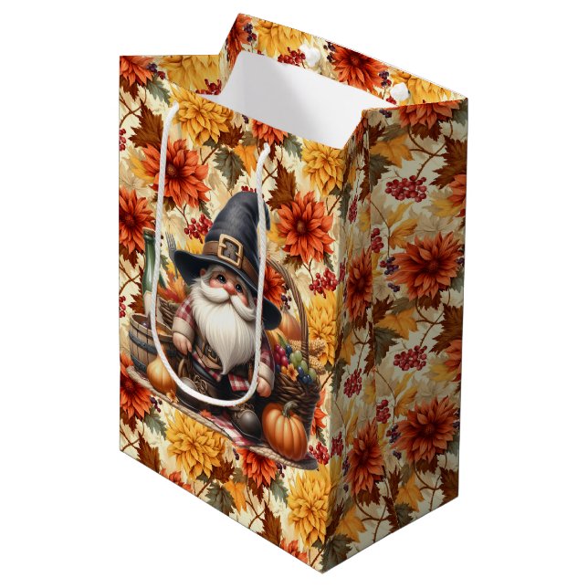 Sac Cadeau Moyen Automne Fleurs Oranges Avec Gnome Thanksgiving (Devant Angle)