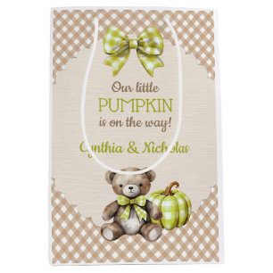 Sac Cadeau Moyen Automne Plaid Teddy Bear Citrouille Feuilles