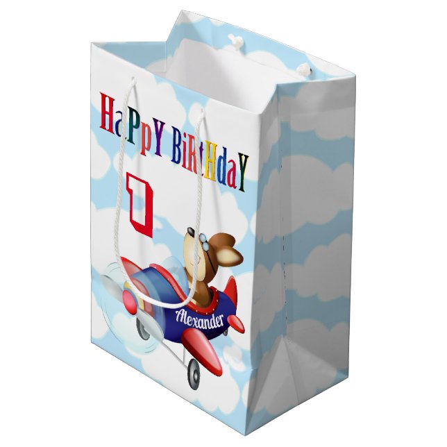 Sac Cadeau Moyen Avion de vol de chien | Enfant anniversaire (Devant Angle)