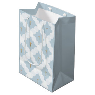 Sac Cadeau Moyen Baby Boy baptism Croix d'or bleu blanc motif