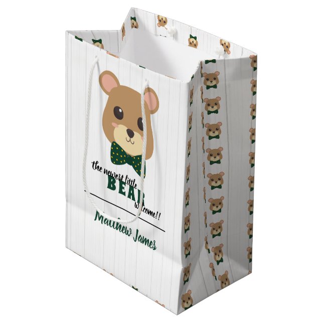 Sac Cadeau Moyen Baby Boy Bear Green & Gold (Devant Angle)