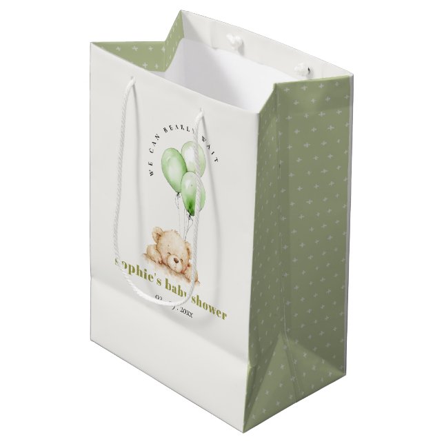 Sac Cadeau Moyen Baby shower à ballon d'attente neutre vert (Devant Angle)