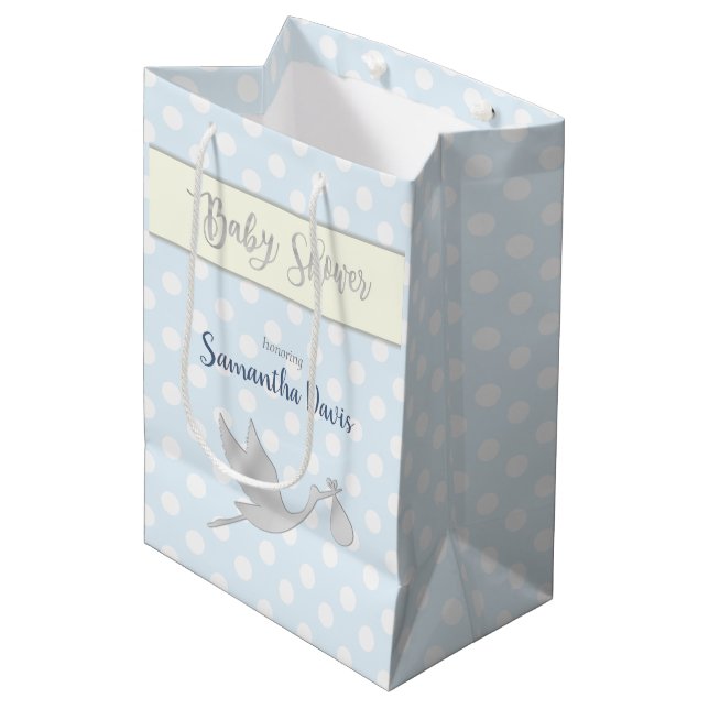 Sac Cadeau Moyen Baby shower bébé en cigogne d'argent (Devant Angle)