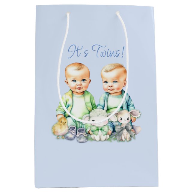 Sac Cadeau Moyen Baby shower d'aquarelle Blue, Green Twins (Devant)