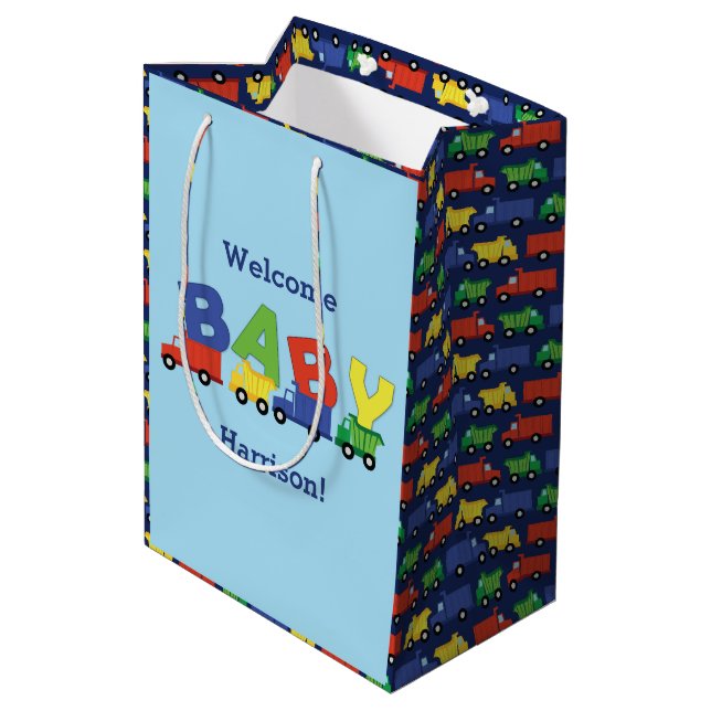 Sac Cadeau Moyen Baby shower de camion de construction (Dos Angle)