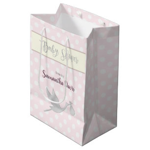 Sac Cadeau Moyen Baby shower de la petite fille de cigogne d'argent
