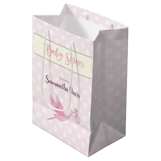 Sac Cadeau Moyen Baby shower de la petite fille de la cigogne rose (Devant Angle)
