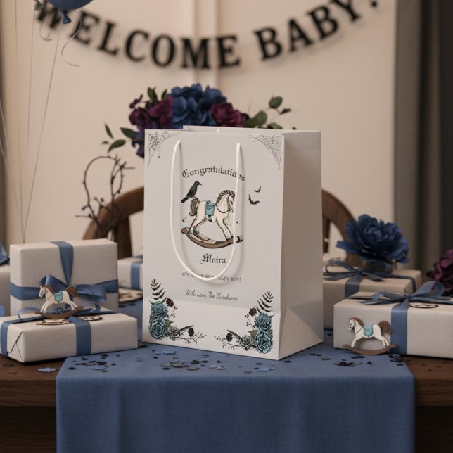 Sac Cadeau Moyen Baby shower éffrayant Rocse Horse Grey (Gothic Halloween Boy Baby Shower Congratulations Bag. Cute Spooky Vintage Rocking Horse & Blue Roses)