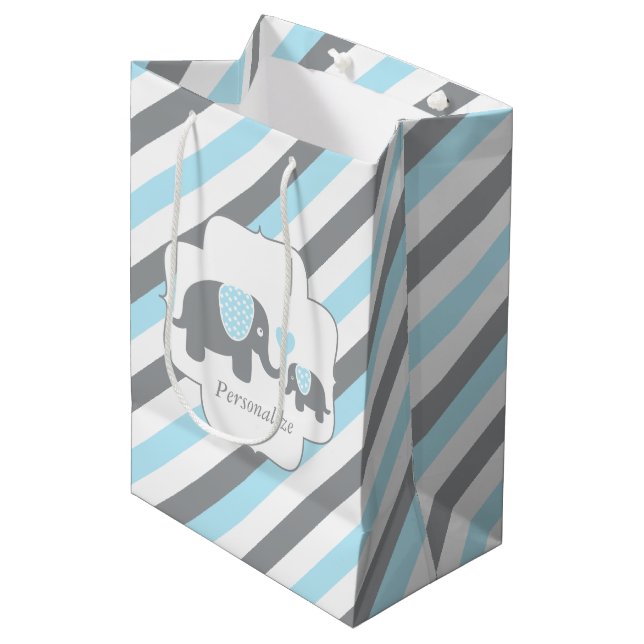 Sac Cadeau Moyen Baby shower Eléphants blanc, bleu et gris (Devant Angle)
