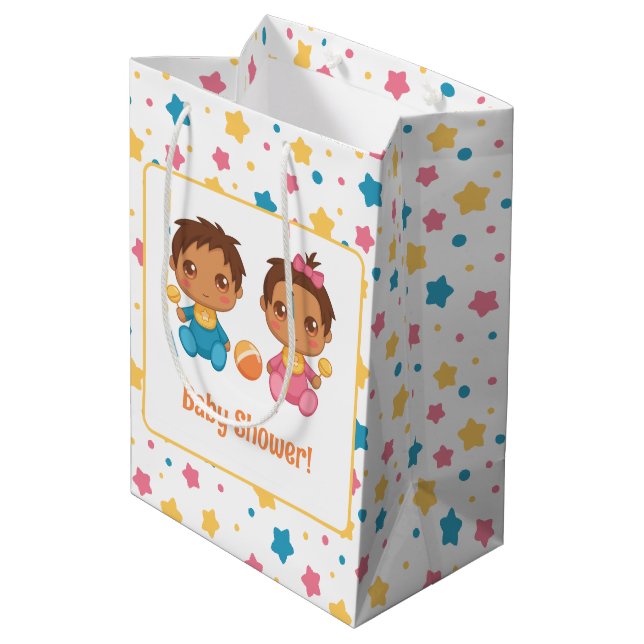 Sac Cadeau Moyen Baby shower garçon fille jumeaux étoiles foncé (Dos Angle)