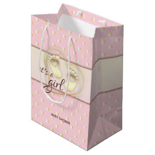 Sac Cadeau Moyen Baby shower Golden Baby Girl Footprints and Hearts