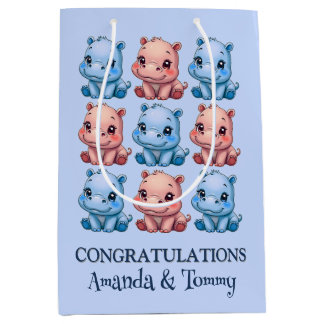 Sac Cadeau Moyen Baby shower Hippo personnalisé bleu