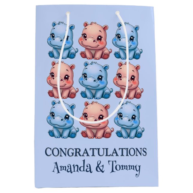 Sac Cadeau Moyen Baby shower Hippo personnalisé bleu (Devant)
