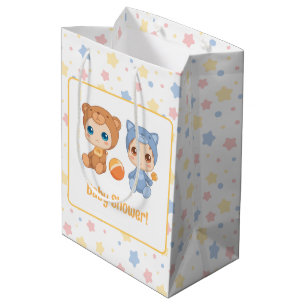 Sac Cadeau Moyen Baby Shower Jumeaux Ours Chat Étoiles