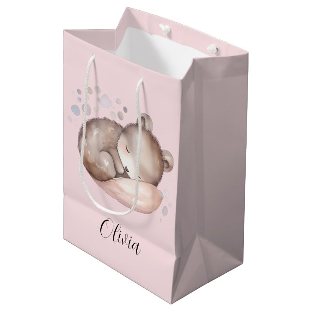 Sac Cadeau Moyen Baby shower, mignon ours en peluche dormant (Devant Angle)