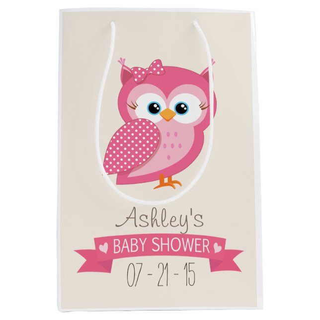Sac Cadeau Moyen Baby shower Pot Owl rose et blanc (Devant)