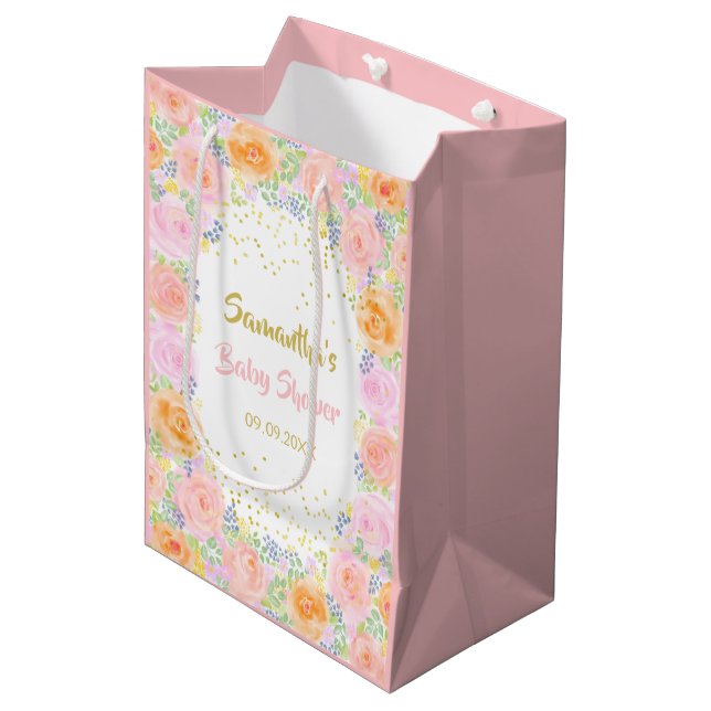 Sac Cadeau Moyen Baby shower Rose Roses Aquarelle Floral Fancy (Devant Angle)