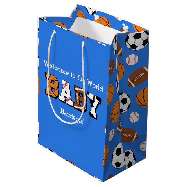 Sac Cadeau Moyen Baby shower sportif Co-ed Thème Garçon Bleu (Dos Angle)