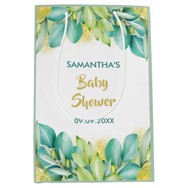 Sac Cadeau Moyen Baby shower vert Eucalyptus Feuille Olive (Devant)