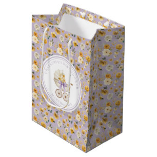 Sac Cadeau Moyen Baby-Shower Vintage Lavande Fleurs et Landau 
