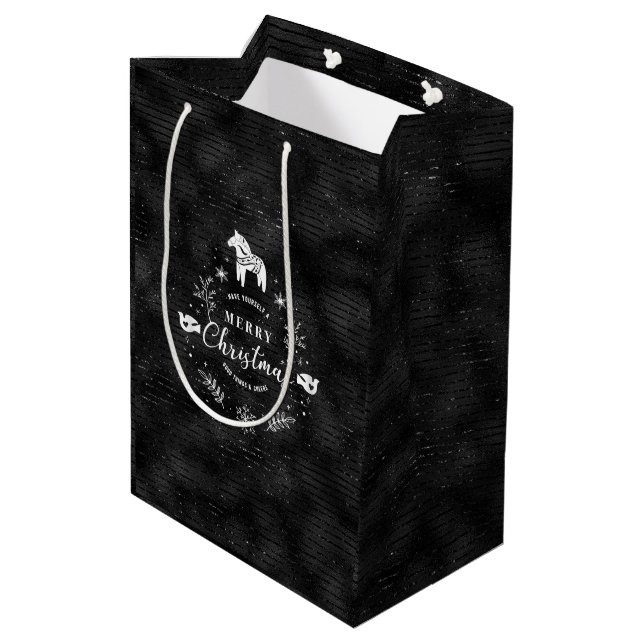 Sac Cadeau Moyen Badge de Noël Noir & parties scintillant rayures m (Dos Angle)