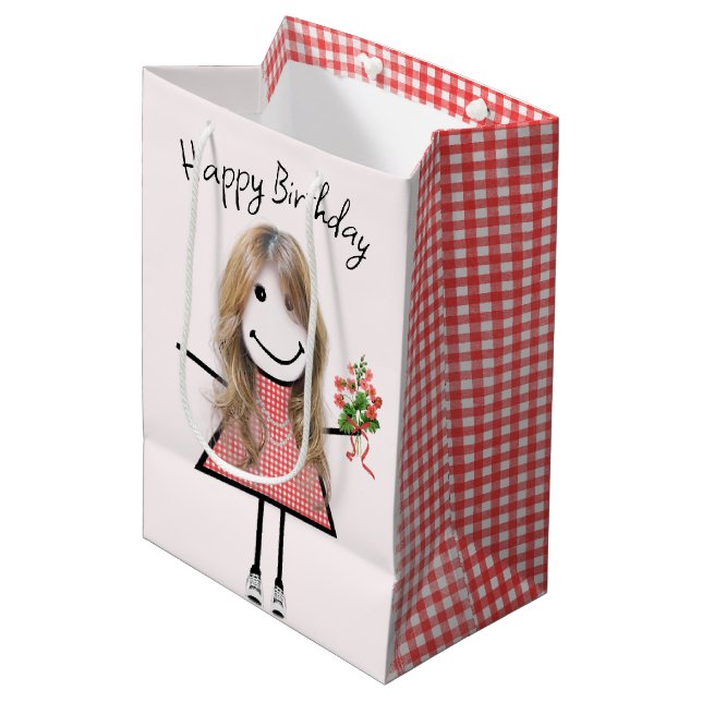 Sac Cadeau Moyen Baguette Figurant Fille Avec Bouquet Anniversaire (Devant Angle)