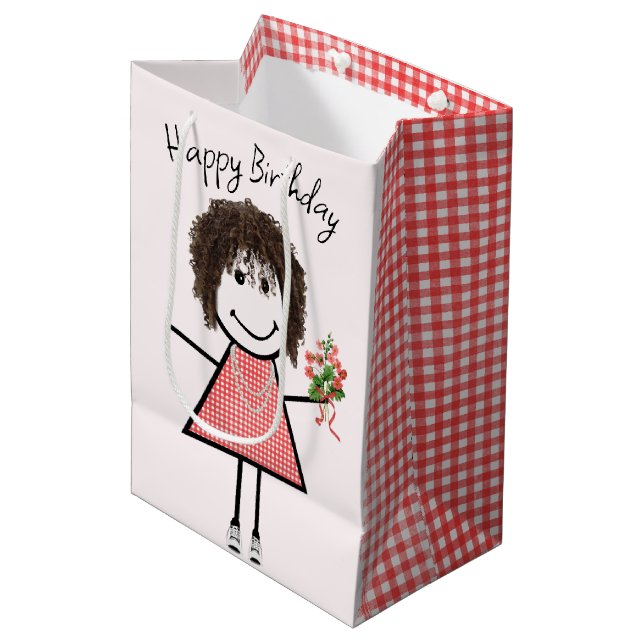 Sac Cadeau Moyen Baguette Figurant Fille Avec Bouquet Anniversaire (Devant Angle)