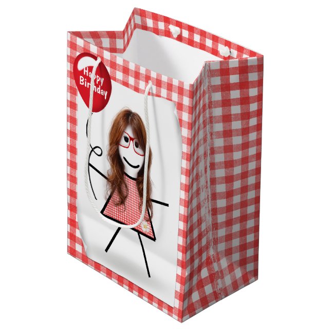 Sac Cadeau Moyen Baguette Figure Girl avec Ballons d'Anniversaire R (Devant Angle)